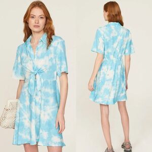 Thakoon Blue White Tie-Dye Tie Front Shirt Dress Size 8 Short Sleeves